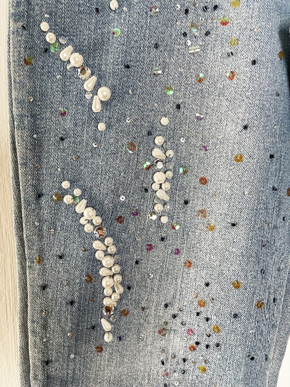 Cache Vintage Women's Light Denim Jeans | Rare Pearl & Sequin Embellished Size 2 - Picture 8 of 13